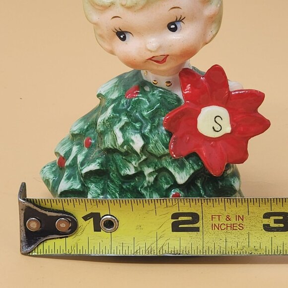 Vintage Ceramic Christmas Salt Shaker Figurine Girl With Holly & Poinsettia - Picture 7 of 9